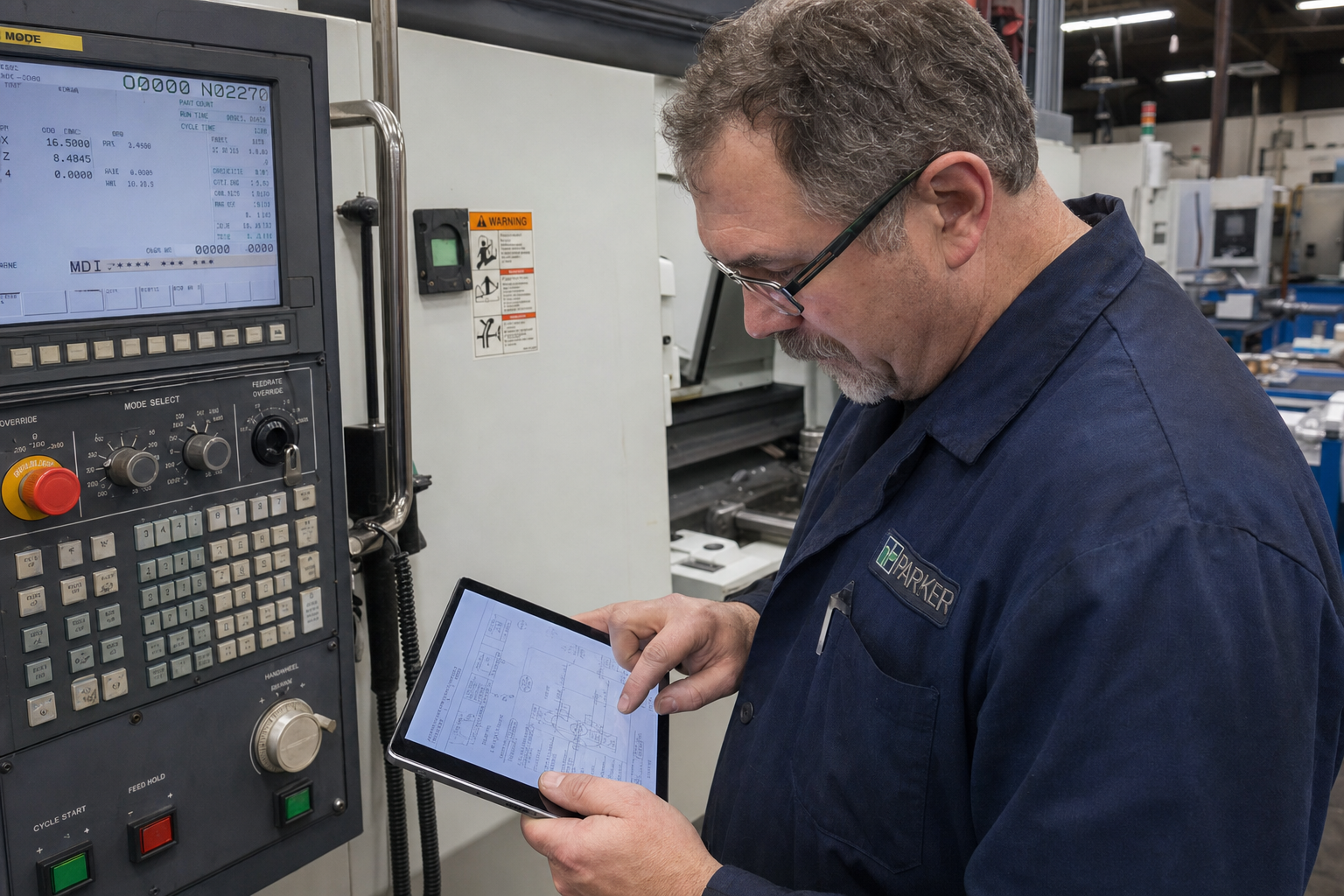 Machinists looking at blueprint